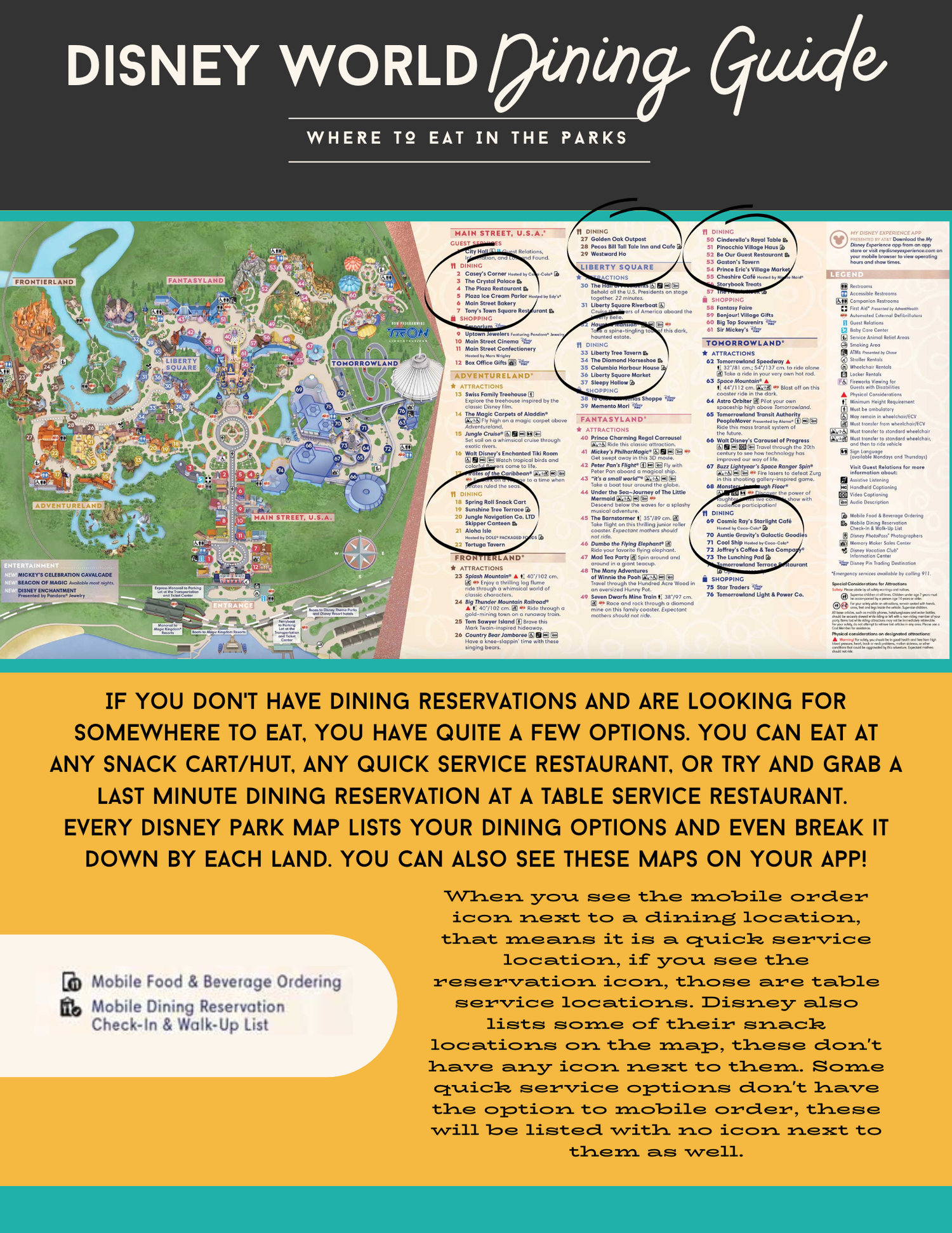 Disney World park map with dining guide information and restaurant locations highlighted.