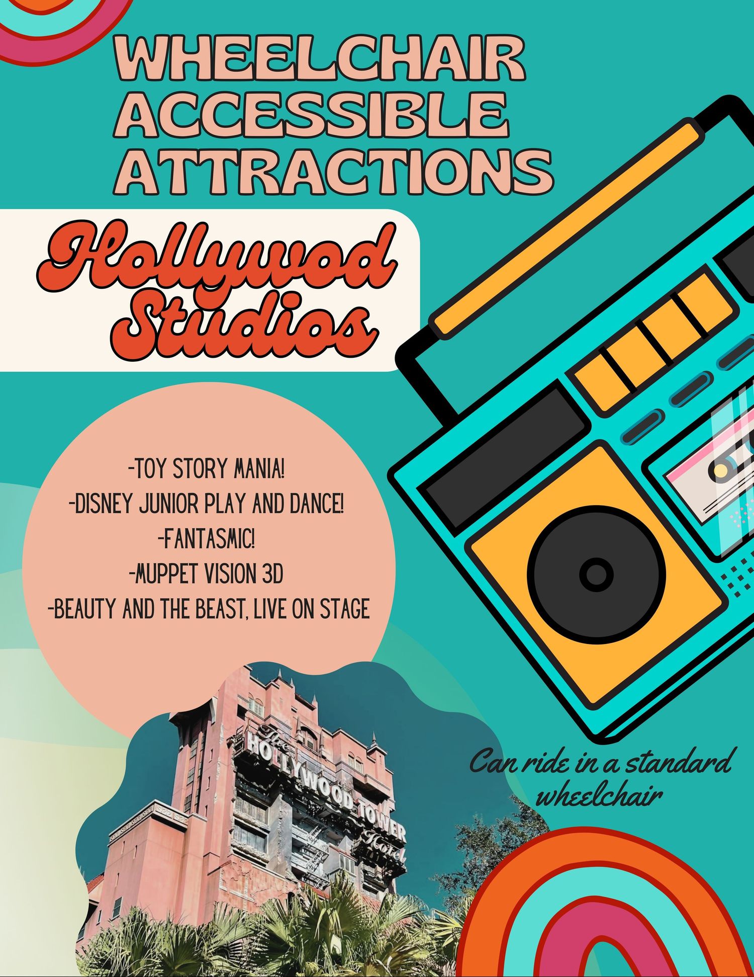 Hollywood Studios accessibility guide featuring Tower of Terror building and boombox design elements.
