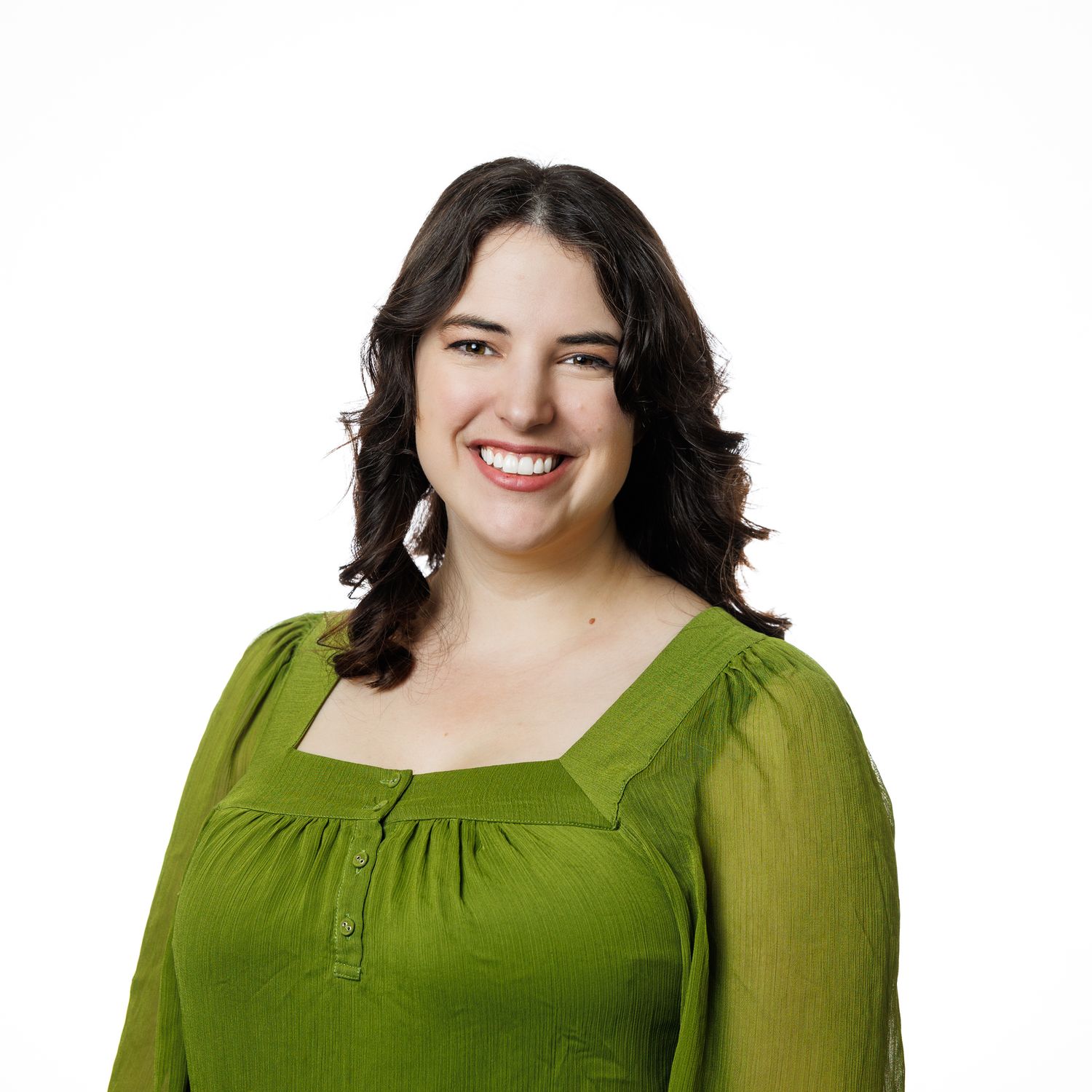Smiling individual wearing an olive green long-sleeved top against white background with multiple poses.