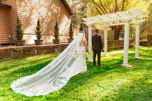 A white wedding dress with a flowing cathedral-length veil trails elegantly across sunlit green grass at sunset.