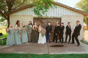 Wedding party in formal attire performs synchronized jumping pose against rustic barn backdrop in playful photo sequence.