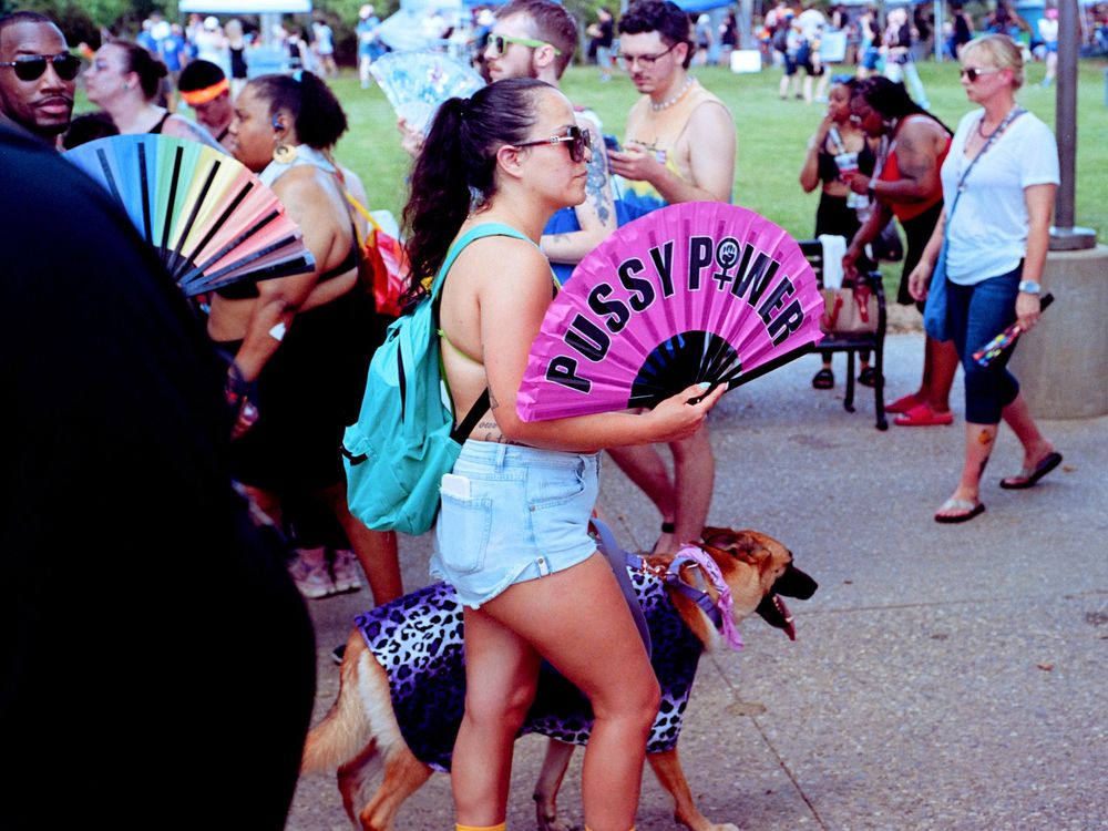 Festival attendees enjoying a summer music event with decorative fans and casual summer attire in an outdoor setting.