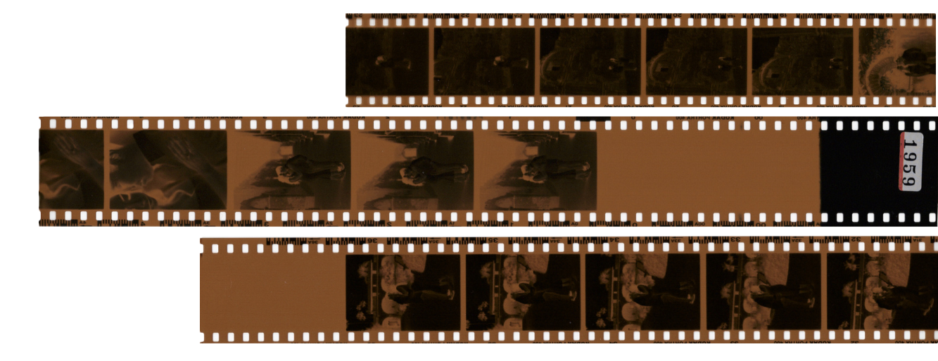 Old film strips with dark frames and empty spaces arranged vertically against a white background.