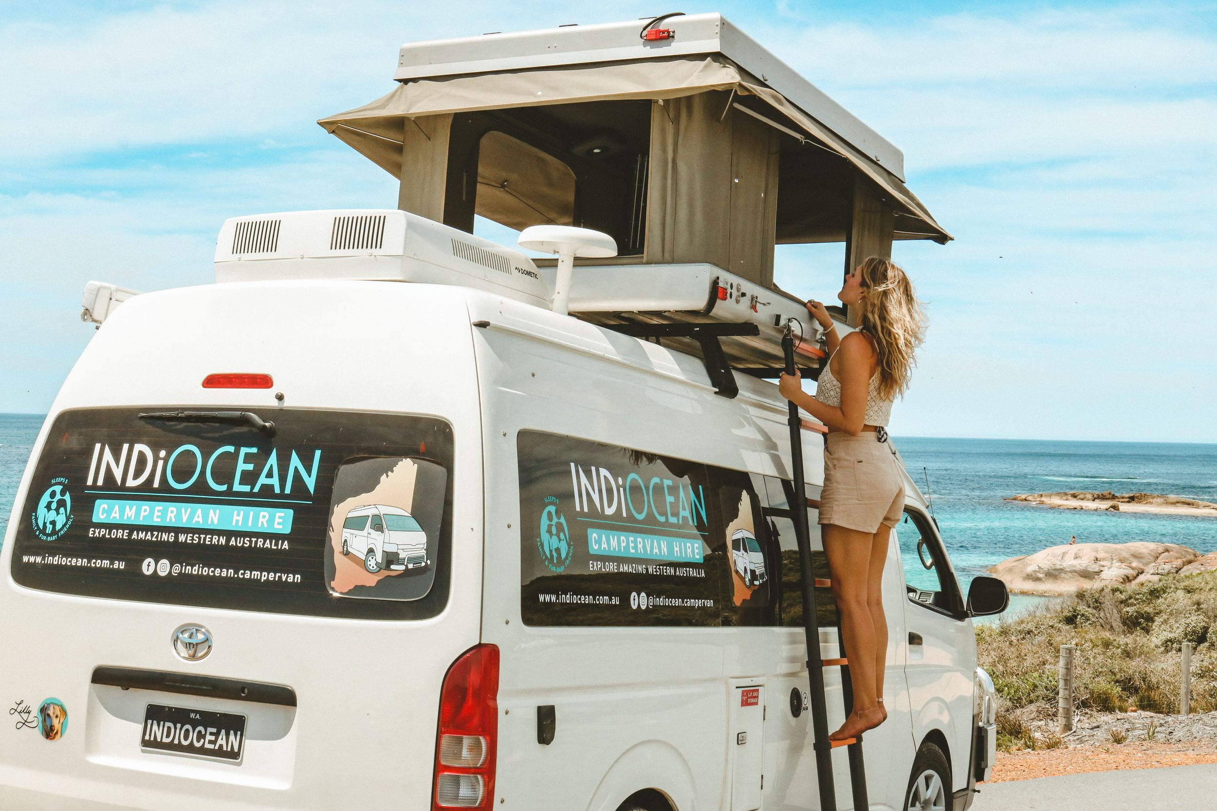 White van with pop-up roof parked along scenic coastal road with ocean views.