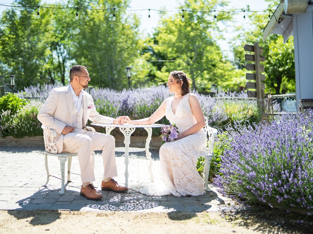 Couple sitting together on white patio chairs surrounded by blooming lavender bushes on a sunny summer day.