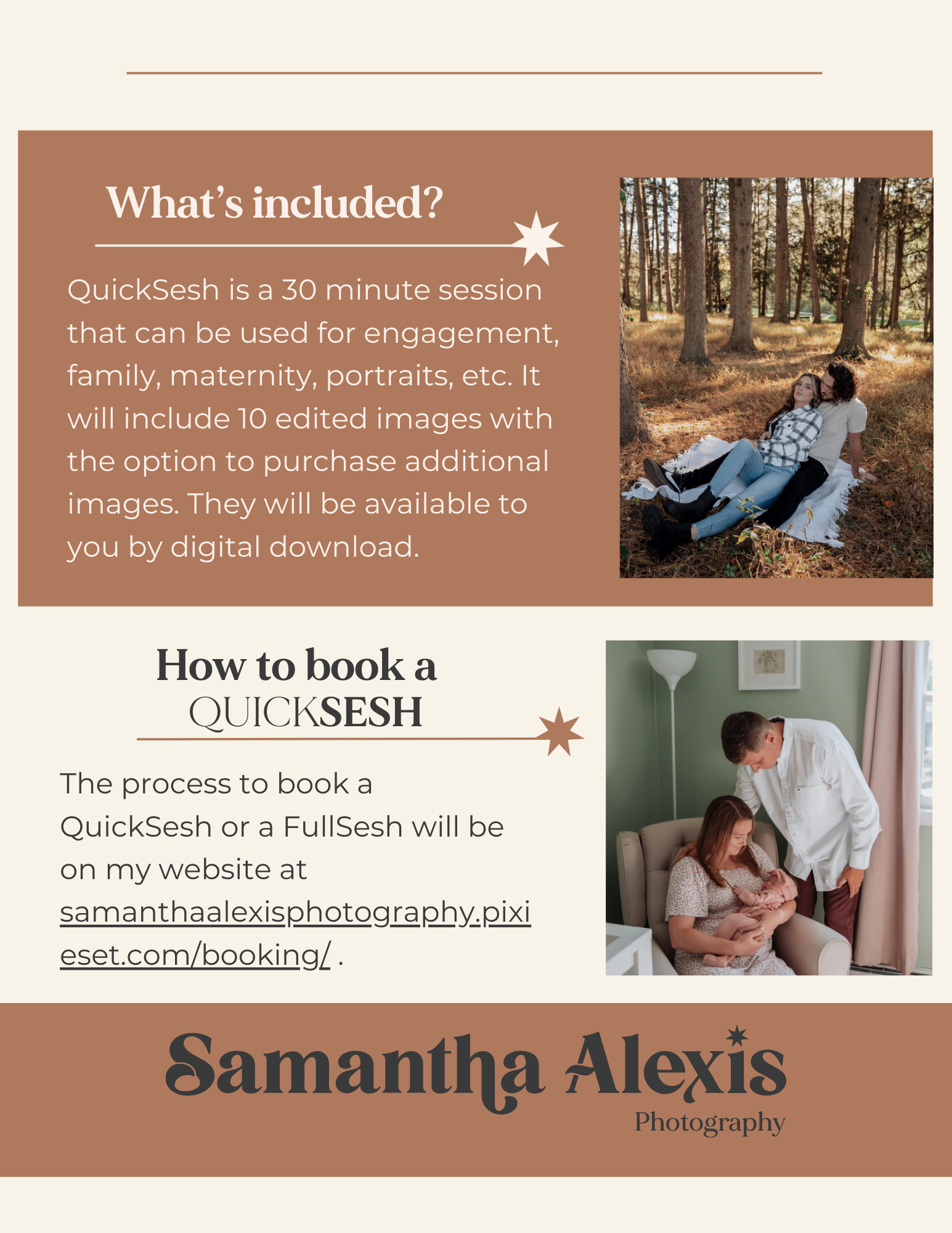Samantha Alexis Photography informational flyer detailing QuickSesh 30-minute session inclusions and booking details.