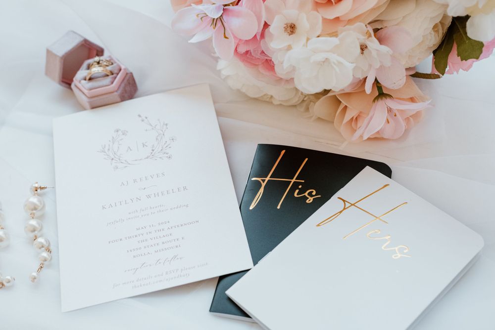 Elegant wedding invitation suite with pink roses, white and black cards with gold foil lettering, and a ring box.