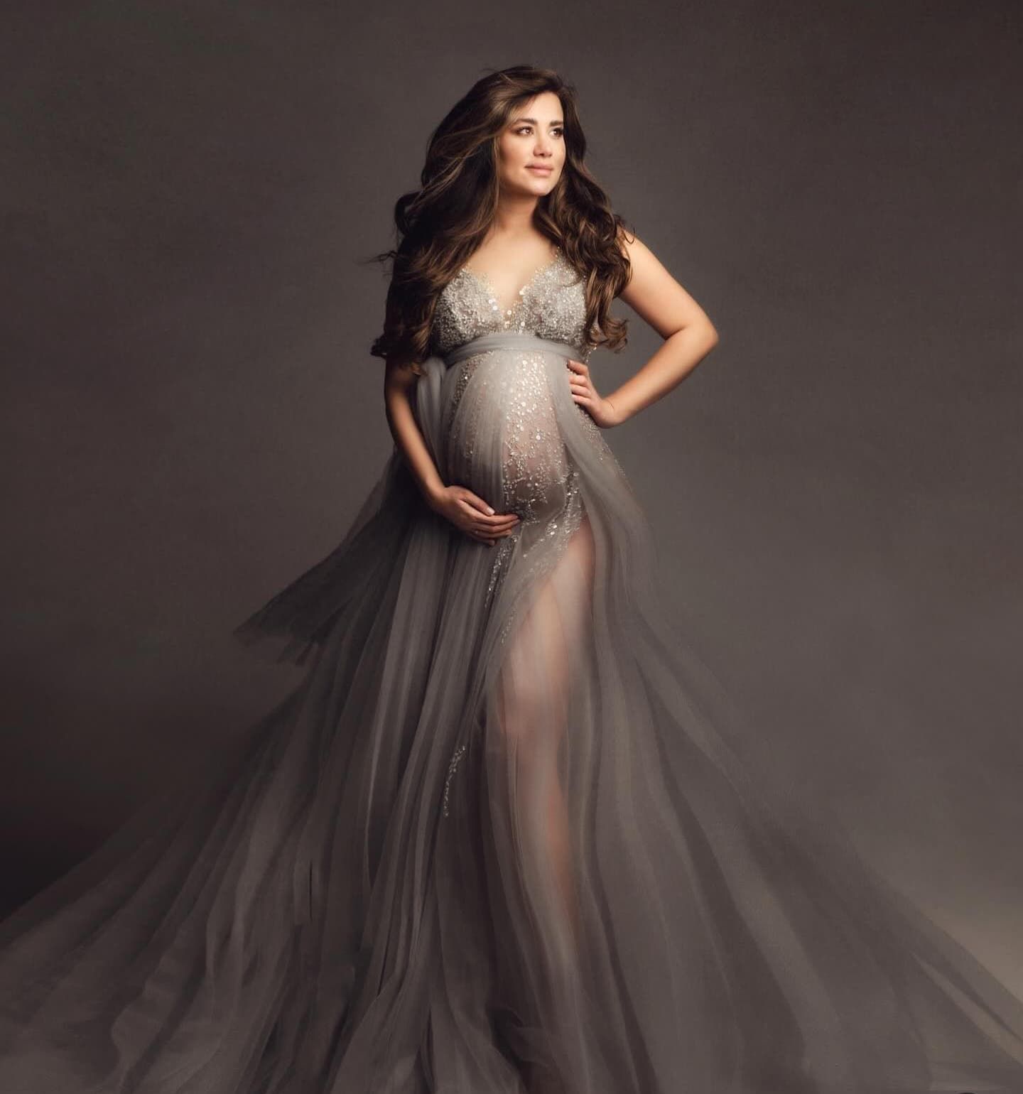 Maternity portrait in sheer grey tulle gown against dark backdrop.