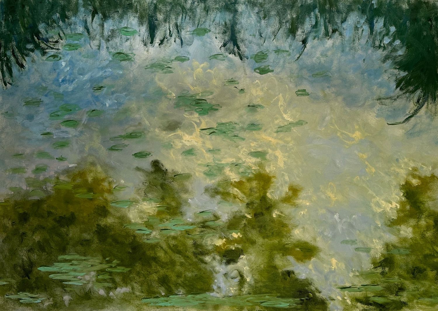 Abstract expressionist painting showcasing vibrant swirls of blue, pink, orange and green paint in dynamic brushstrokes.
