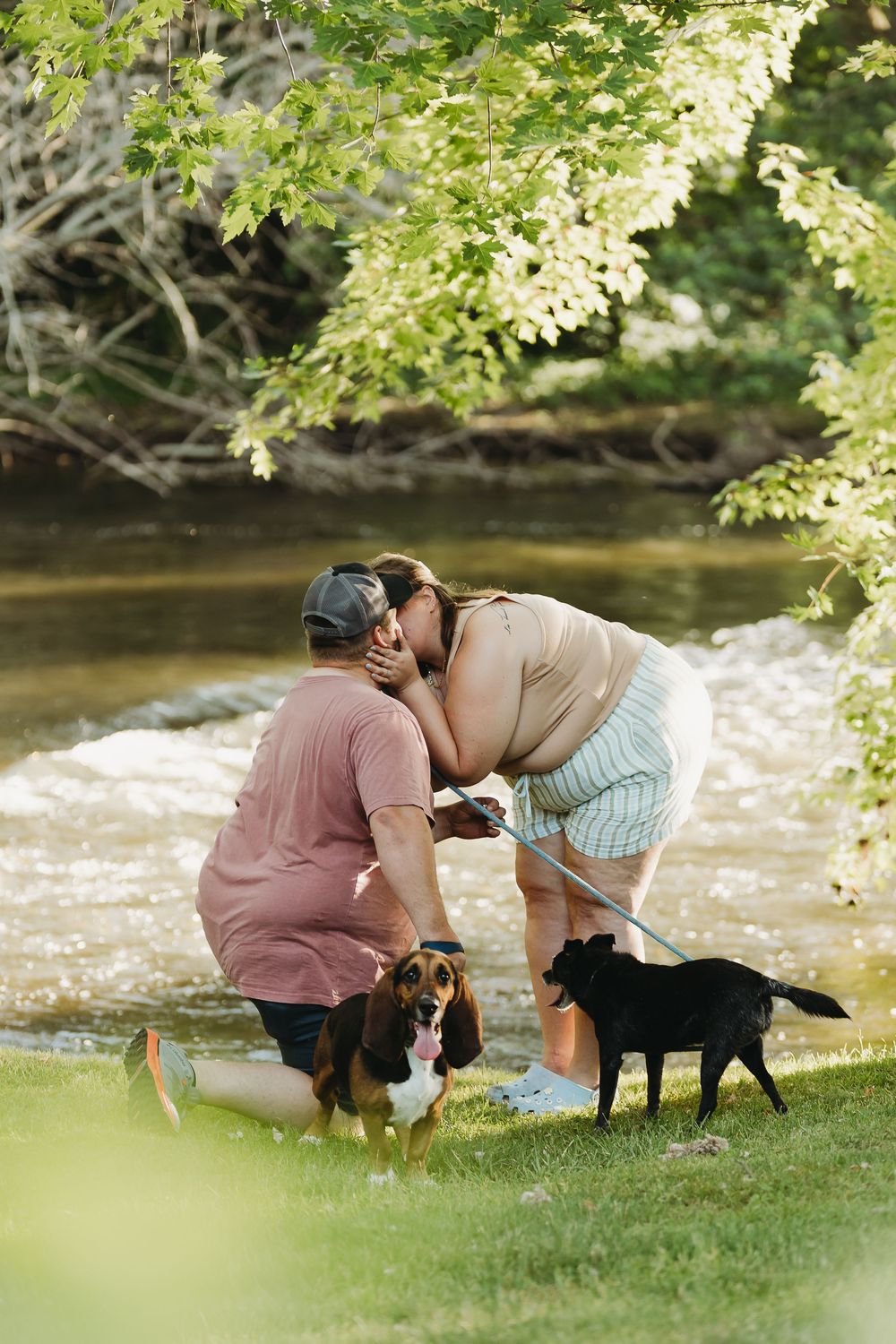 Two dogs posing with their owners by a scenic river under overhanging tree branches on a sunny day.