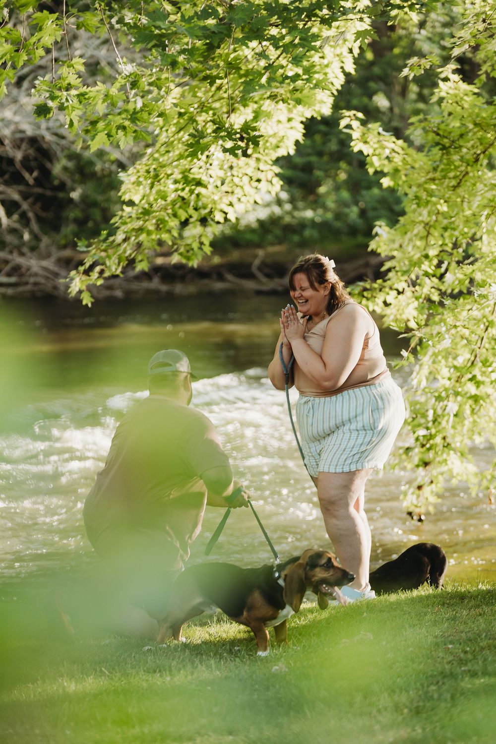 An emotional moment captured by a stream with overhanging trees and greenery on a sunny summer day.