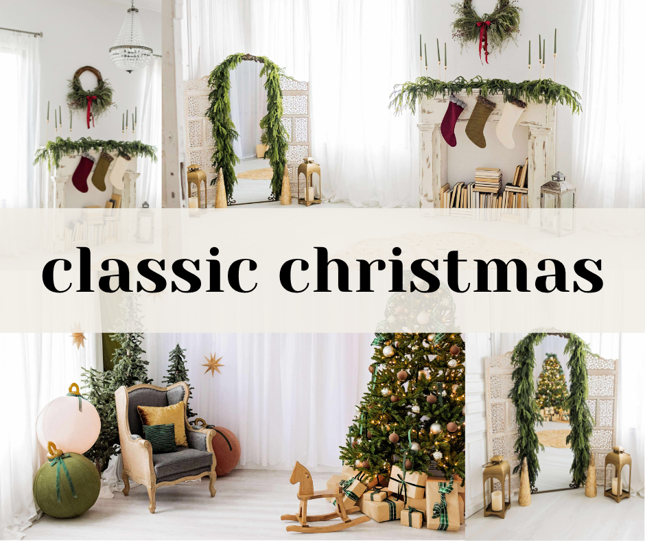 A cozy living room decorated for Christmas with white walls, holiday wreaths, and festive greenery throughout.
