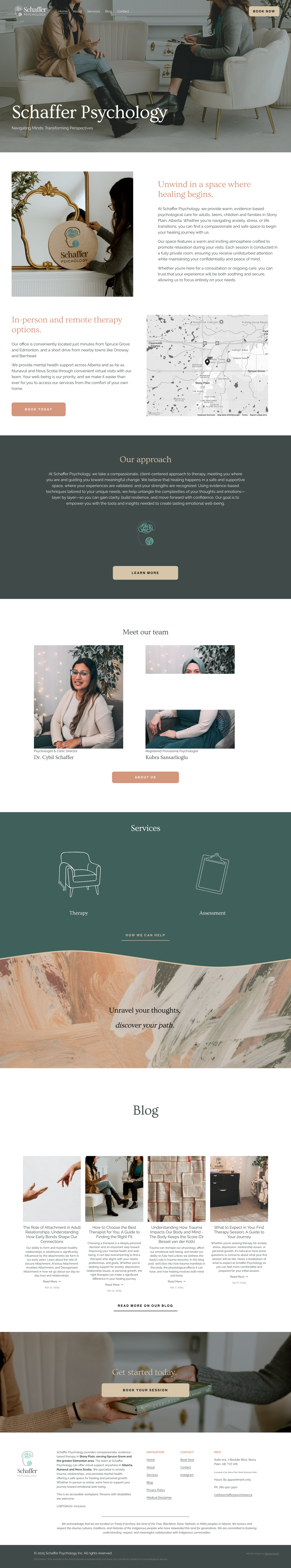 Professional psychology website homepage showing palm leaf shadows and therapy session notes with warm muted tones.