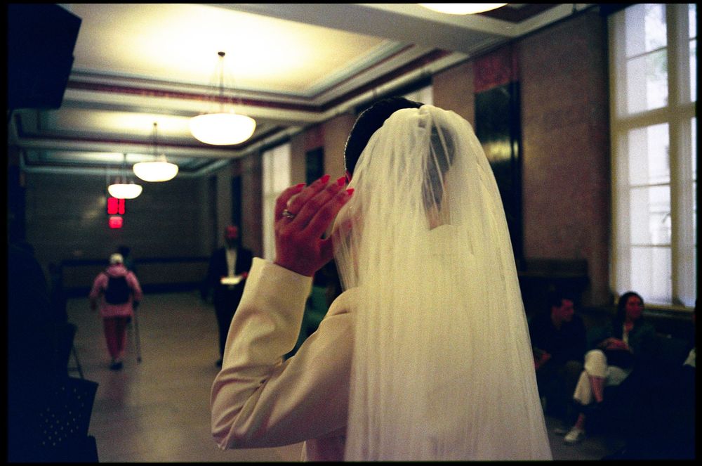 Film photo of bride in city hall in color