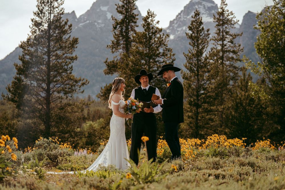 Rustic mountain wedding ceremony with a bride and groom exchanging vows in a wildflower meadow, surrounded by pine trees and mountains