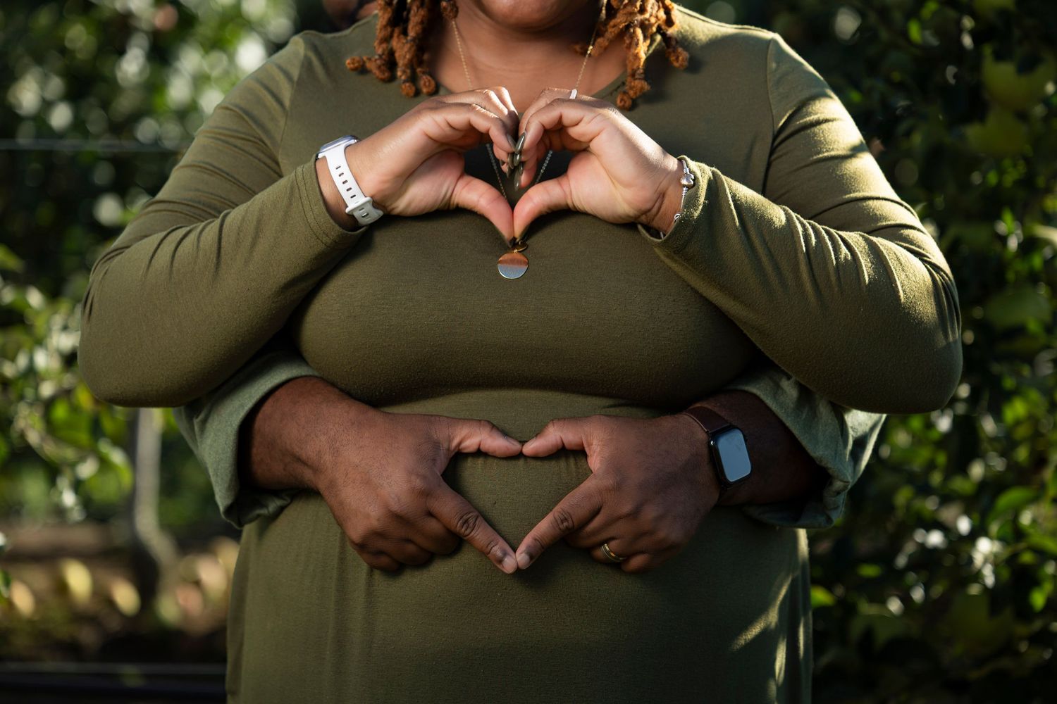 Hands forming heart shapes against green foliage in a series of connected photos.