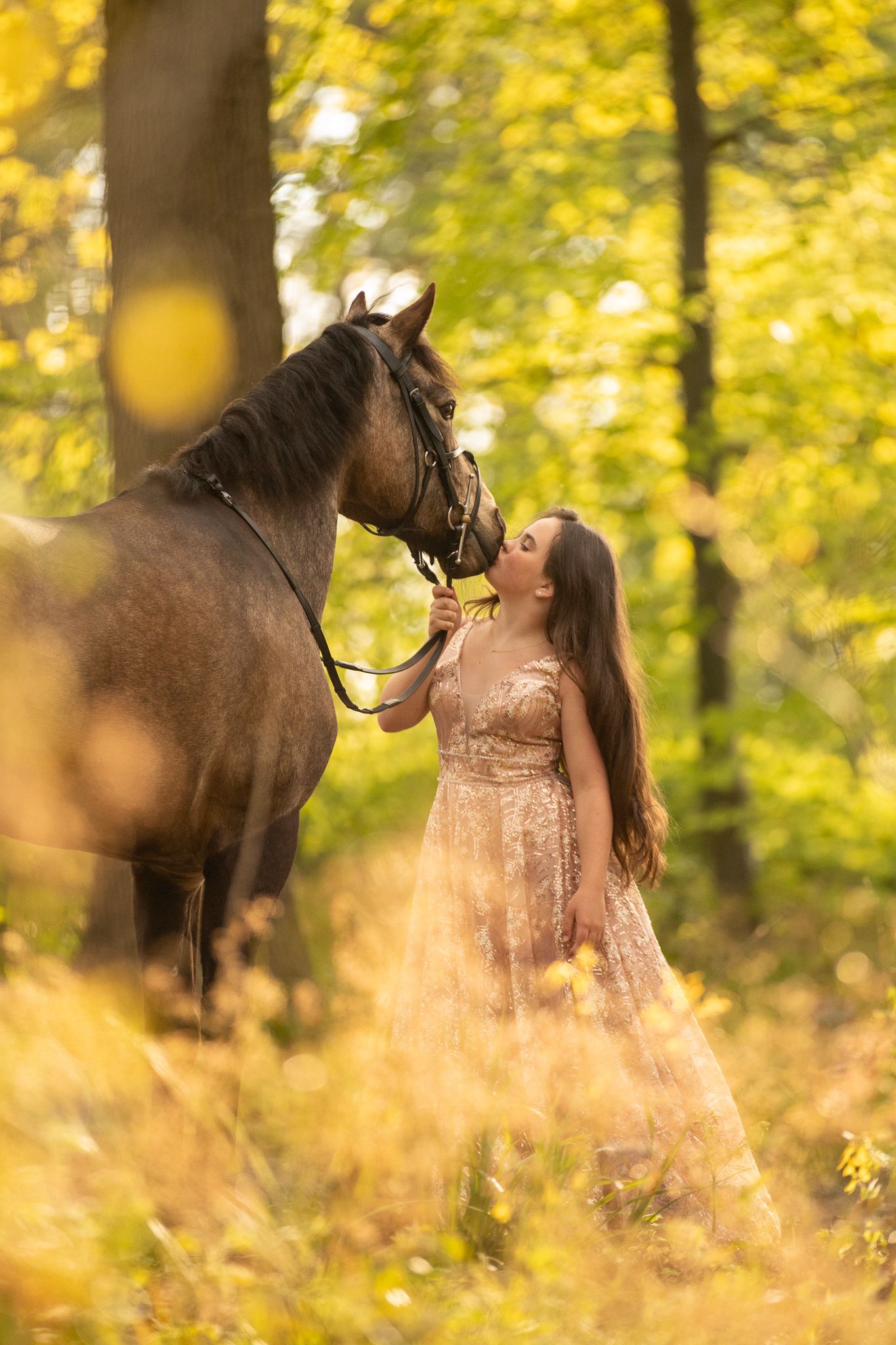 A dark brown horse and person in a flowing copper dress share a tender moment in a sunlit autumn forest setting.