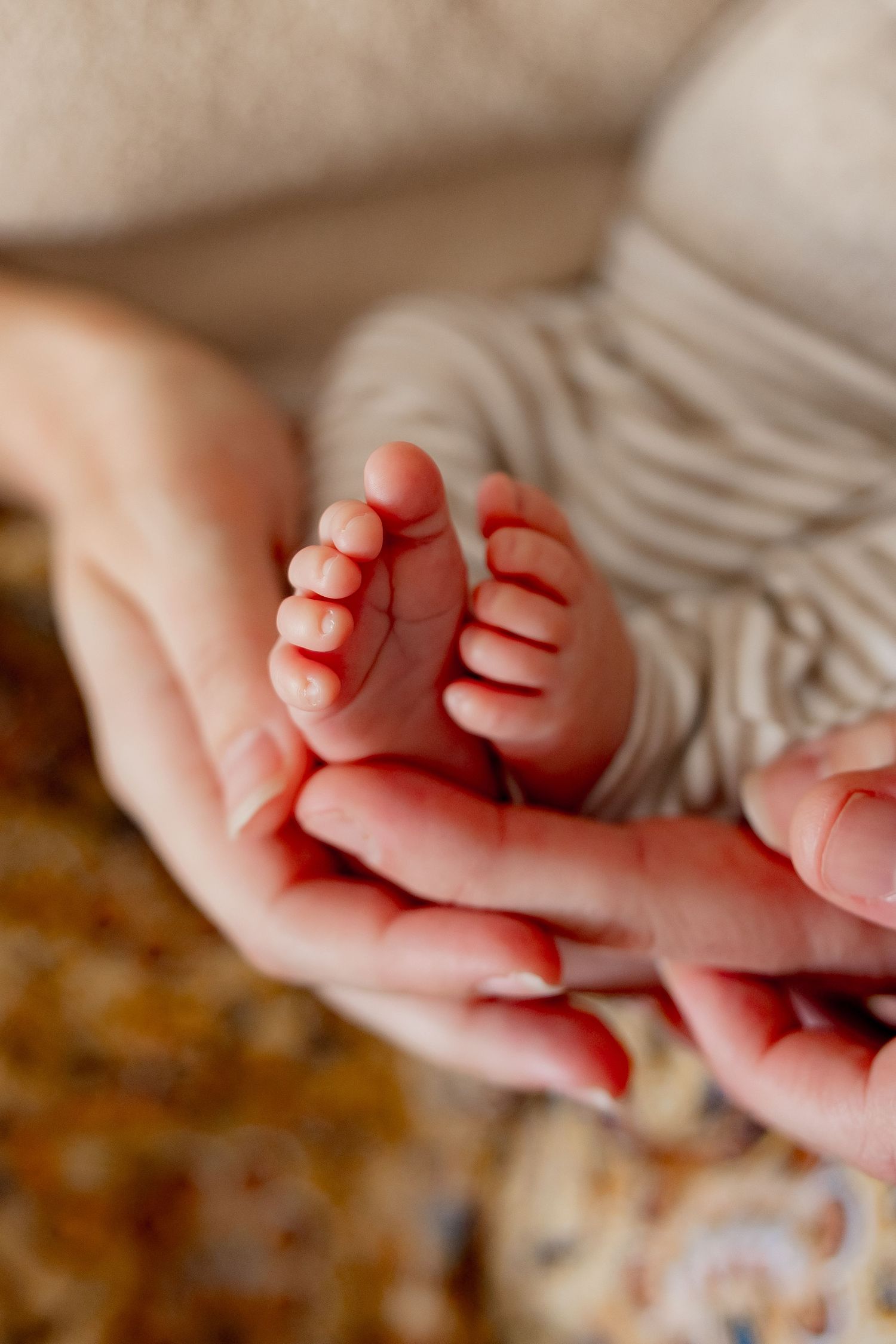 Delicate newborn baby feet resting on a soft textured surface with warm natural lighting.