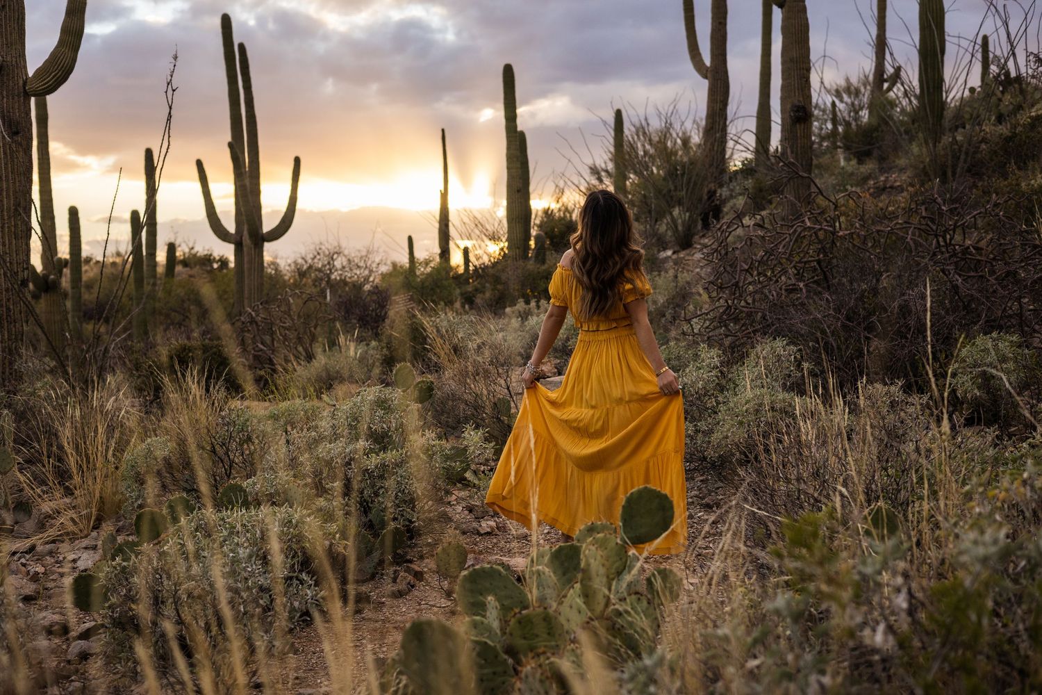 A yellow dress flows in the desert breeze among towering saguaro cacti at sunset in the Sonoran Desert.
