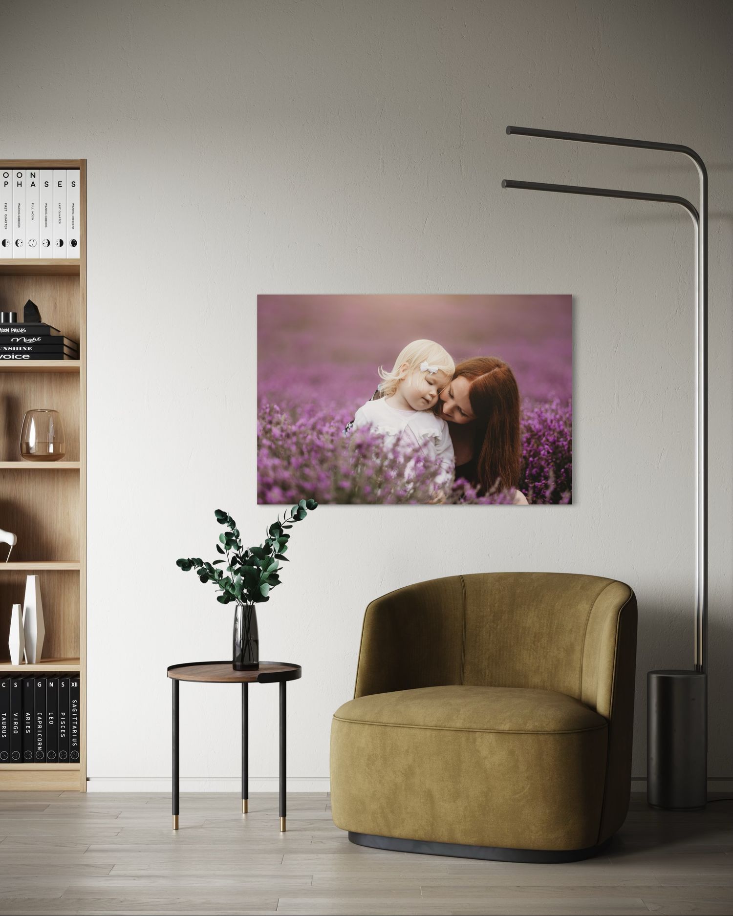 Modern living room interior design with olive sofa, curved lamp, and purple wall art in a minimalist space.