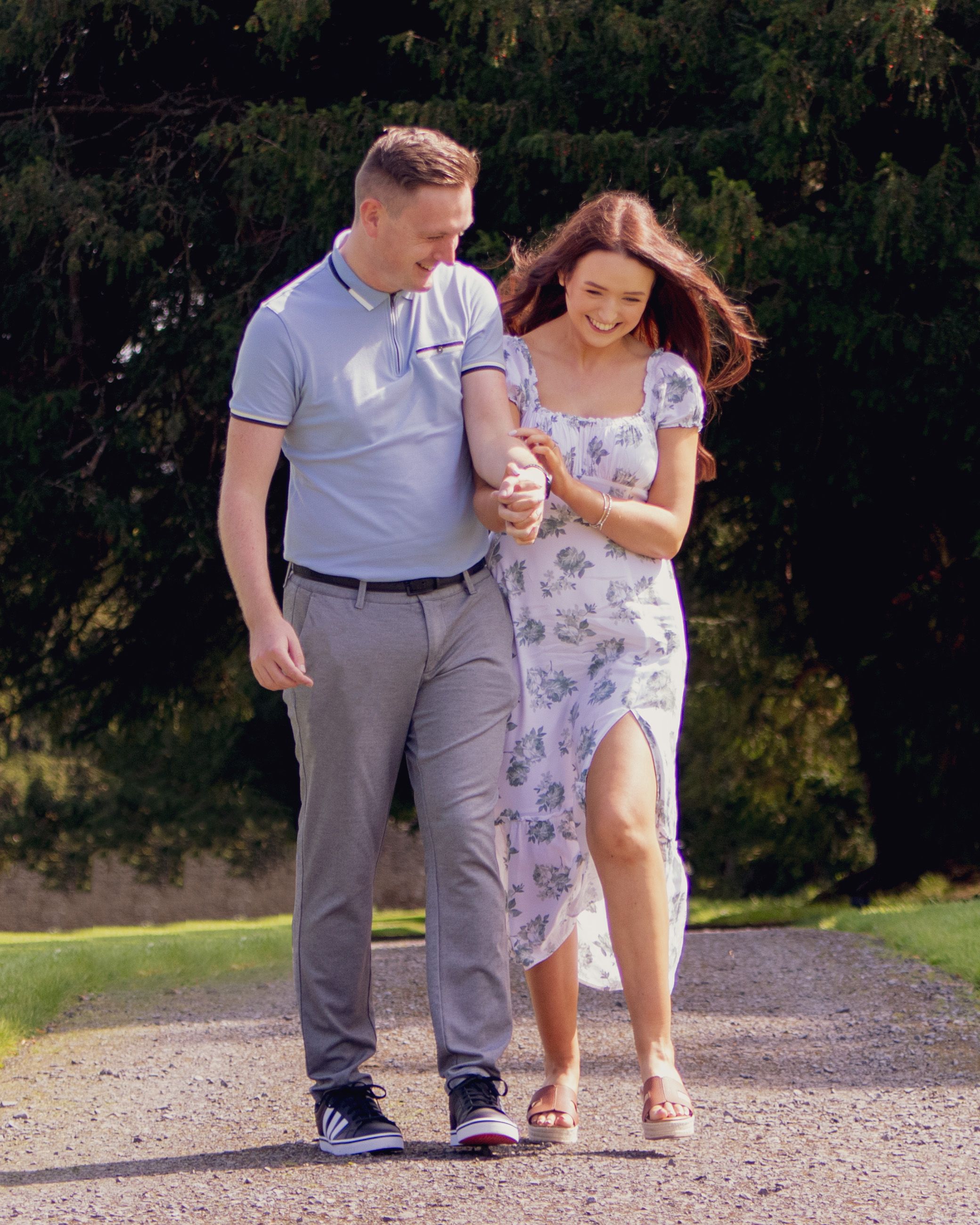 Sequence of candid photos showing a couple walking together on a gravel path outdoors.