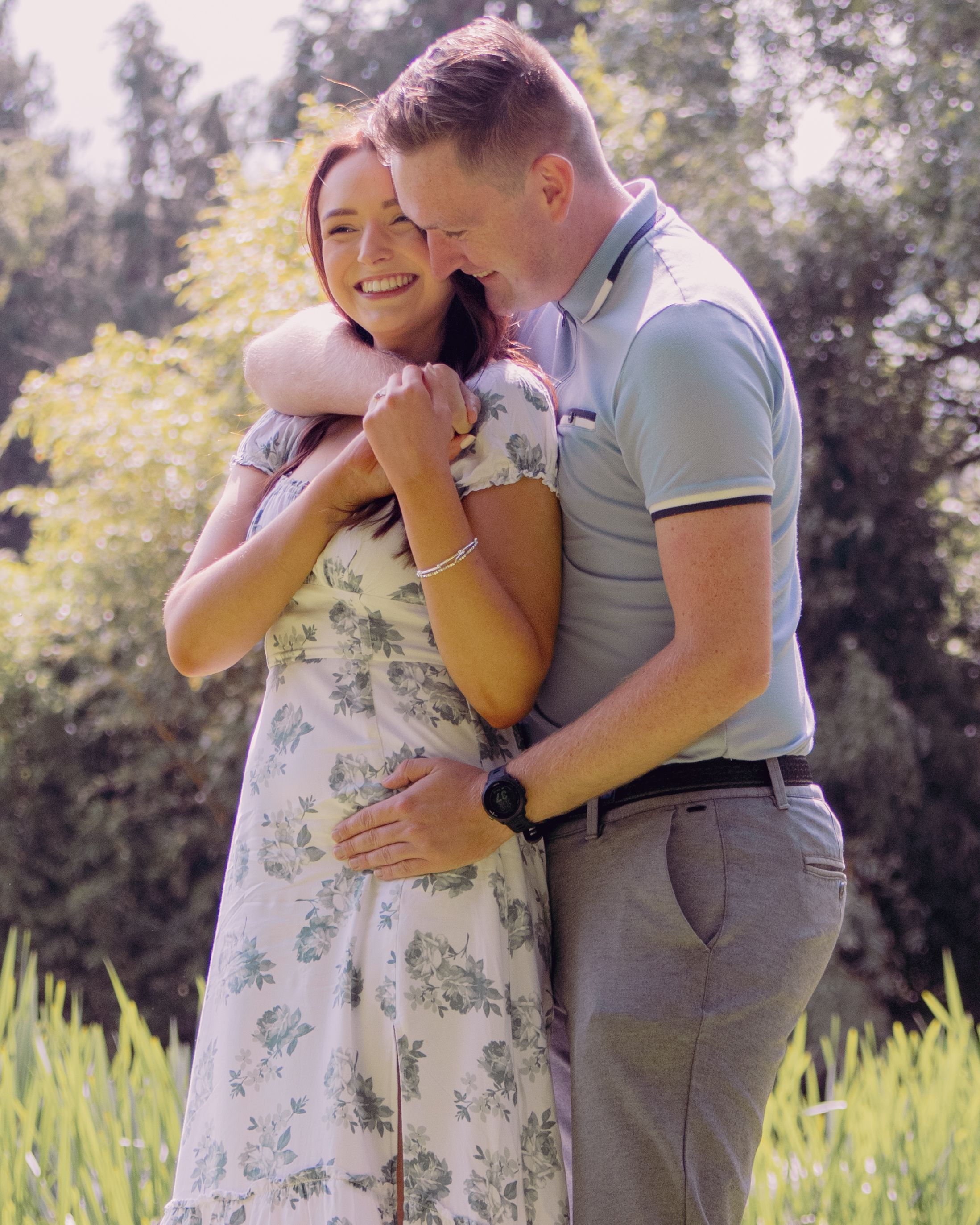 Series of romantic outdoor photos showing a couple embracing in a sunny field.