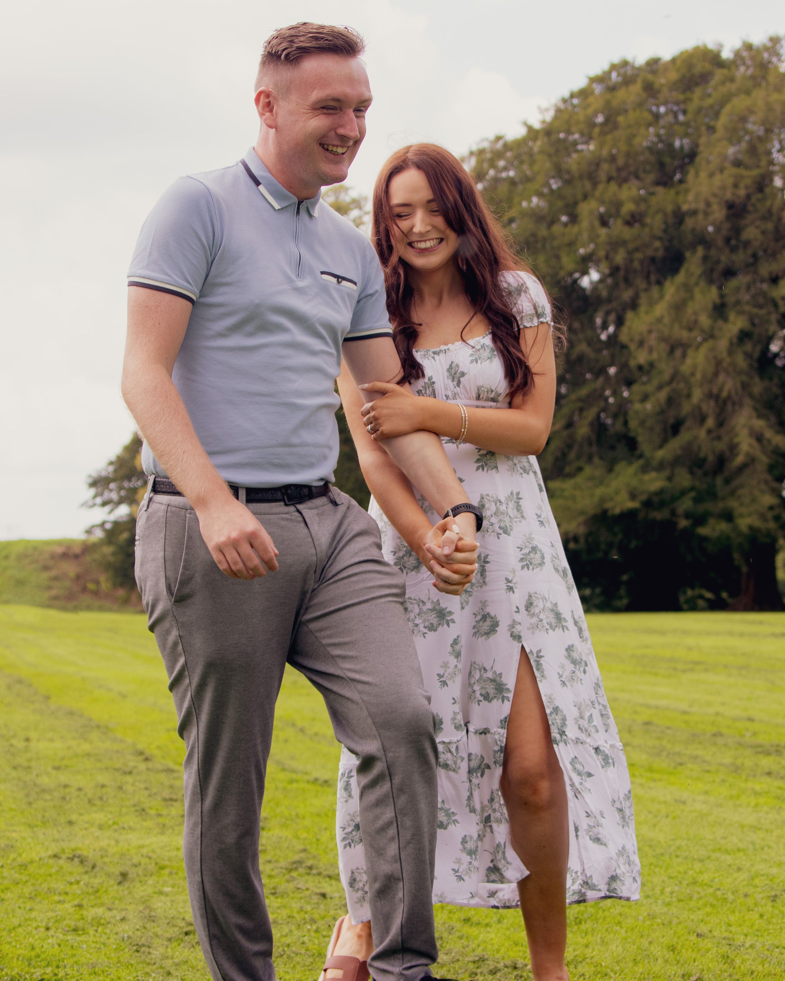 Playful outdoor photo sequence of a couple in casual attire interacting on green grass.