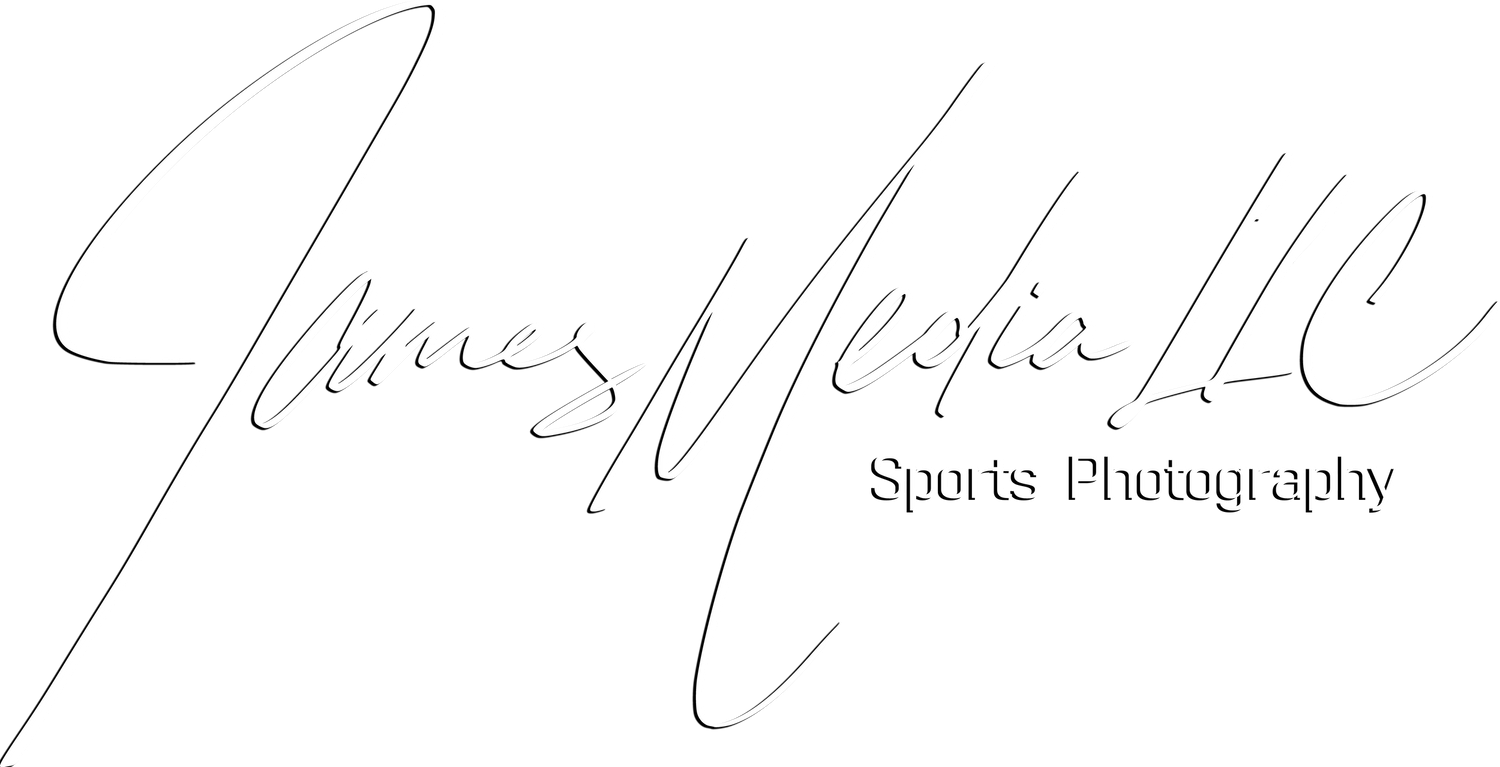 Stylized white signature logo for sports photography business with LLC designation.