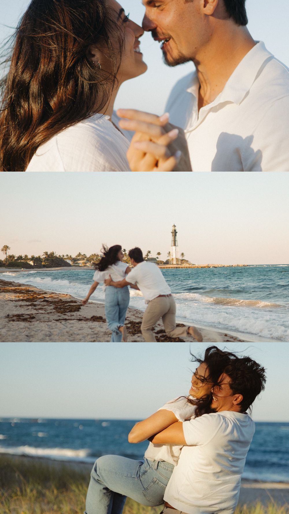 3 image collage of couple wearing white shirts and jean. TOP: couple kissing, MIDDLE: Couple running at beach, BOTTOM: couple spinning