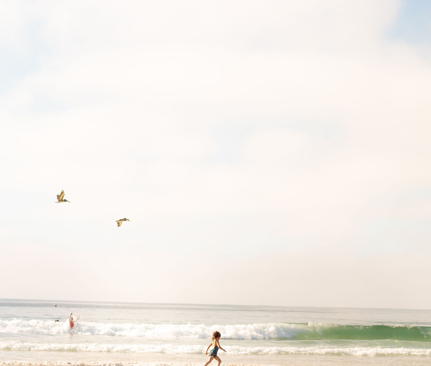 Seabirds glide over ocean waves breaking on a sandy beach shoreline.