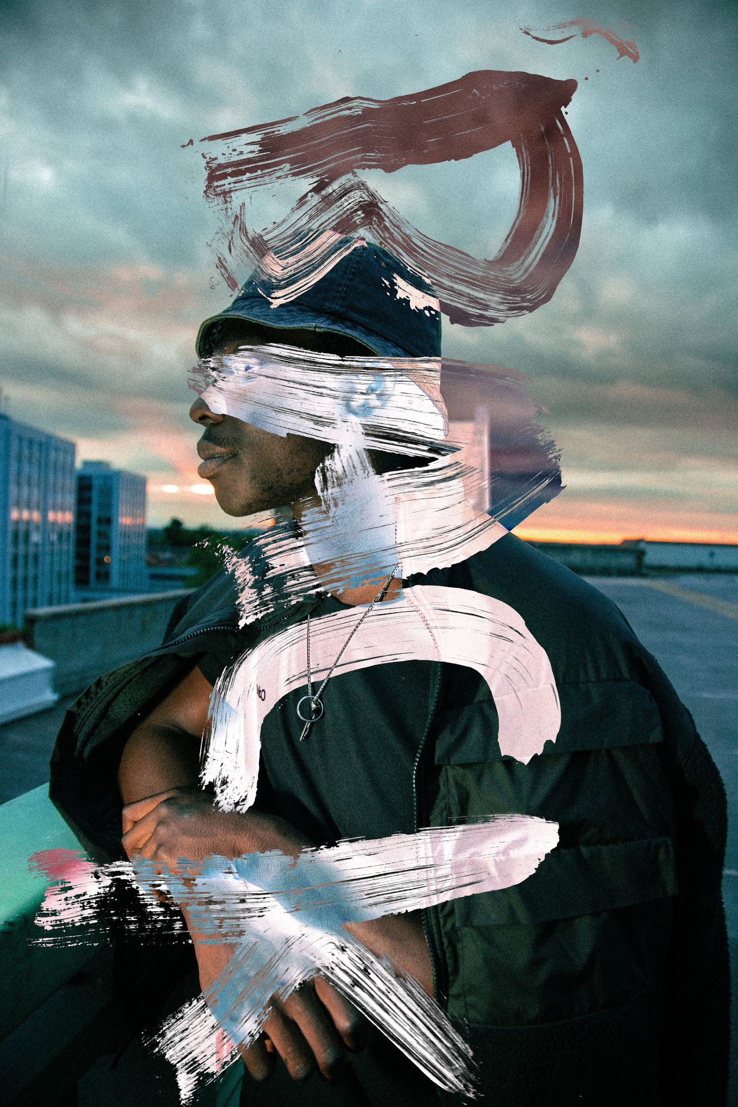 Abstract portrait with white brush strokes overlaid on dark silhouette against urban sunset sky.