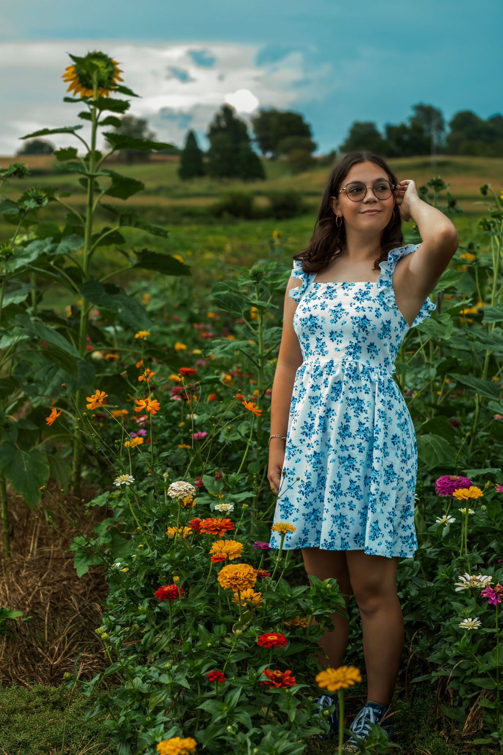 A summer garden portrait with sunflowers and mixed flowers against a blue sky.