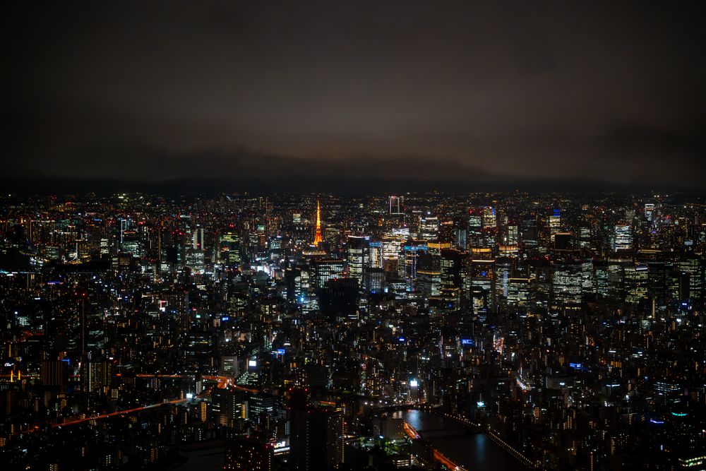 Nighttime cityscape of Tokyo with glowing buildings and lights stretching to dark mountains.