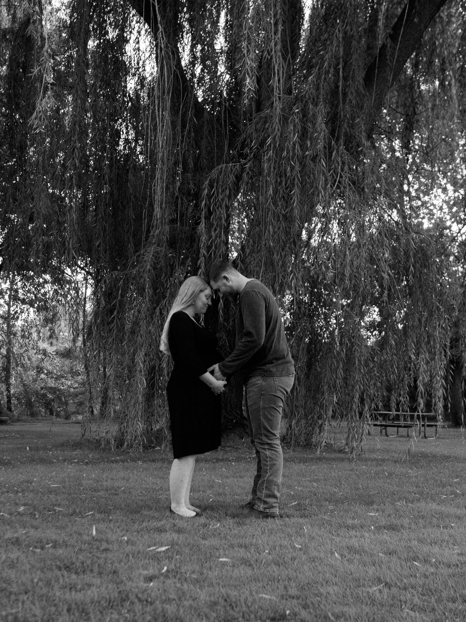 A couple posing for a maternity photo