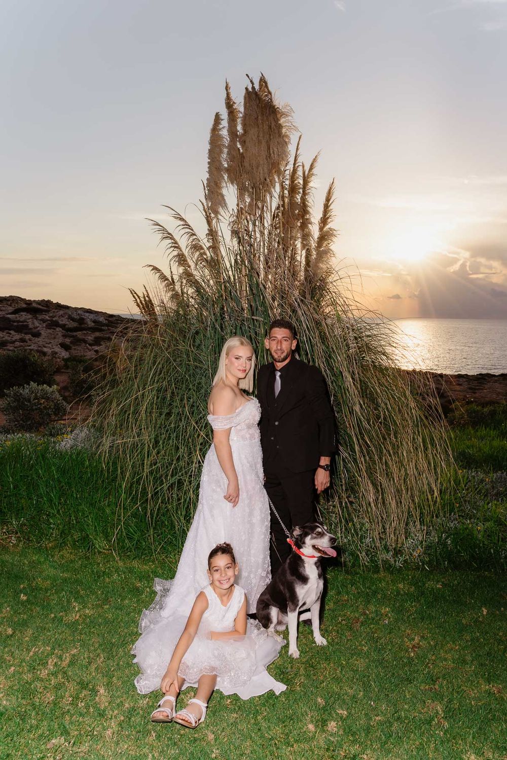 A couple poses with their dog at sunset near tall ornamental grasses by the ocean.