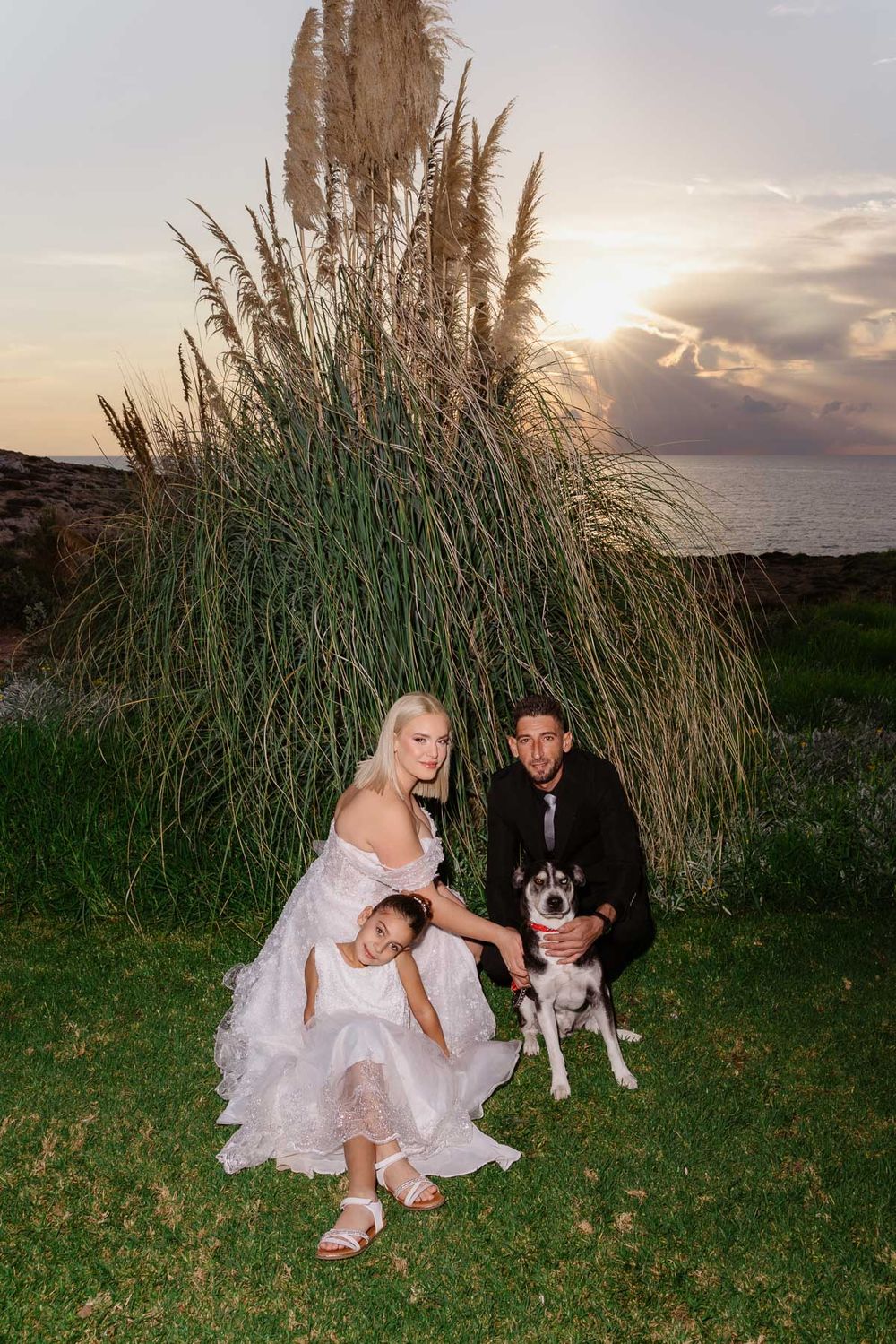 A couple sits on grass with their dog at sunset near tall reeds while wearing formal attire.