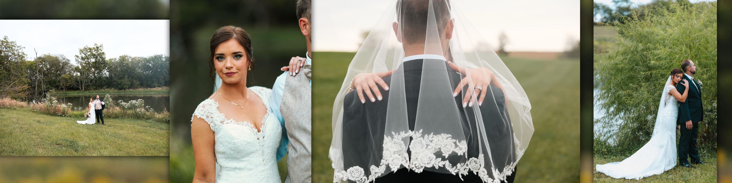 Three wedding photos showing a couple in an outdoor garden setting with a romantic and elegant atmosphere.