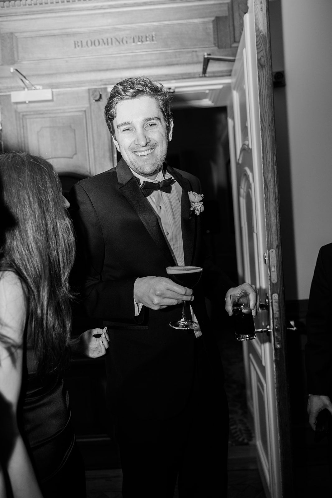Black and white photo sequence showing a person in formal attire holding a champagne glass at a social event.