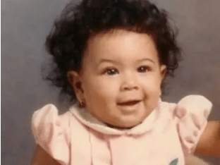Baby in pink ruffled dress smiling and making different playful expressions in a photo collage.