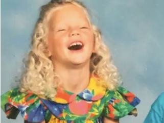 A series of seven photo booth style portraits showing a young child in a colorful dress making playful expressions.