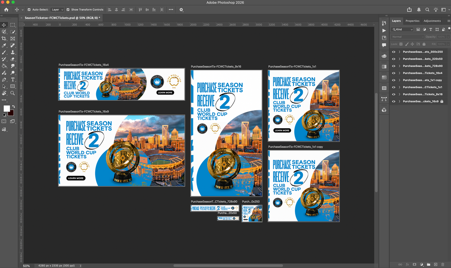 Adobe Photoshop workspace displaying multiple Charlotte FC season ticket promotional banner designs in various sizes.