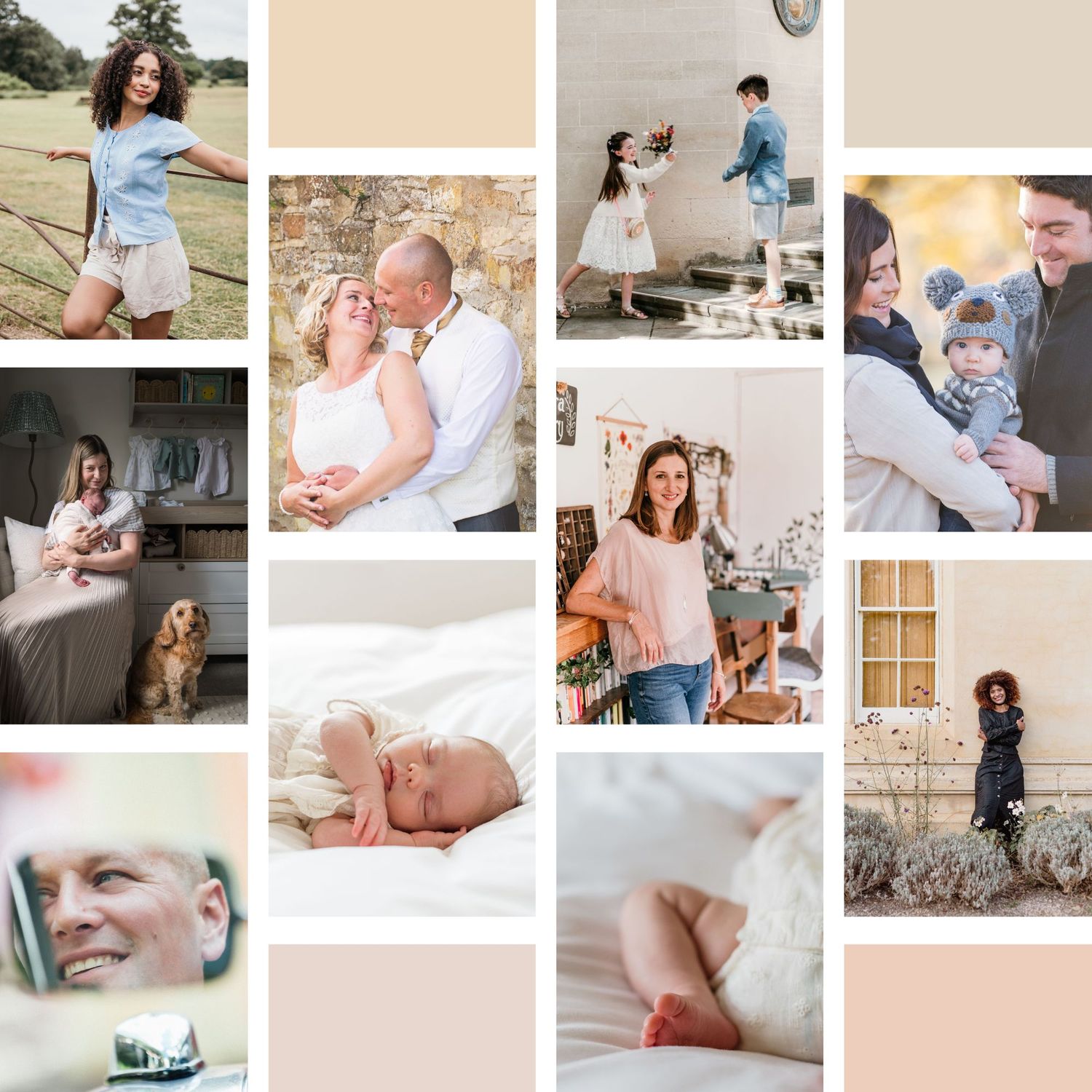 Collage of outdoor family and children’s portraits in natural, warm settings.