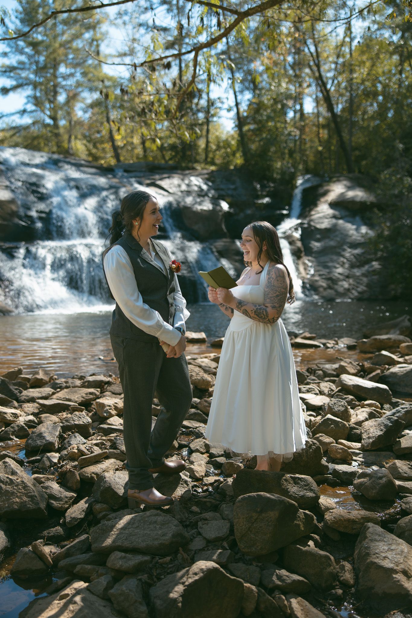 lesbian queer lgbtq couple wedding adventure elopement mountains asheville NC GA SC TN romantic moody inclusive waterfall vows