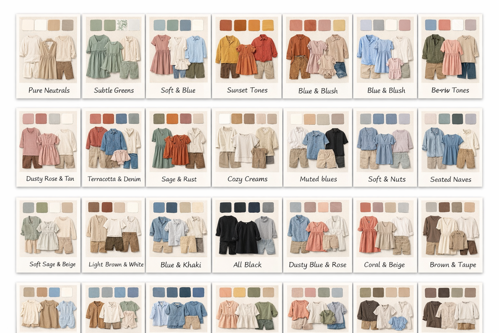 Coordinated family outfit color palette guide featuring 24 curated clothing combinations in neutral, earth, and pastel tones.