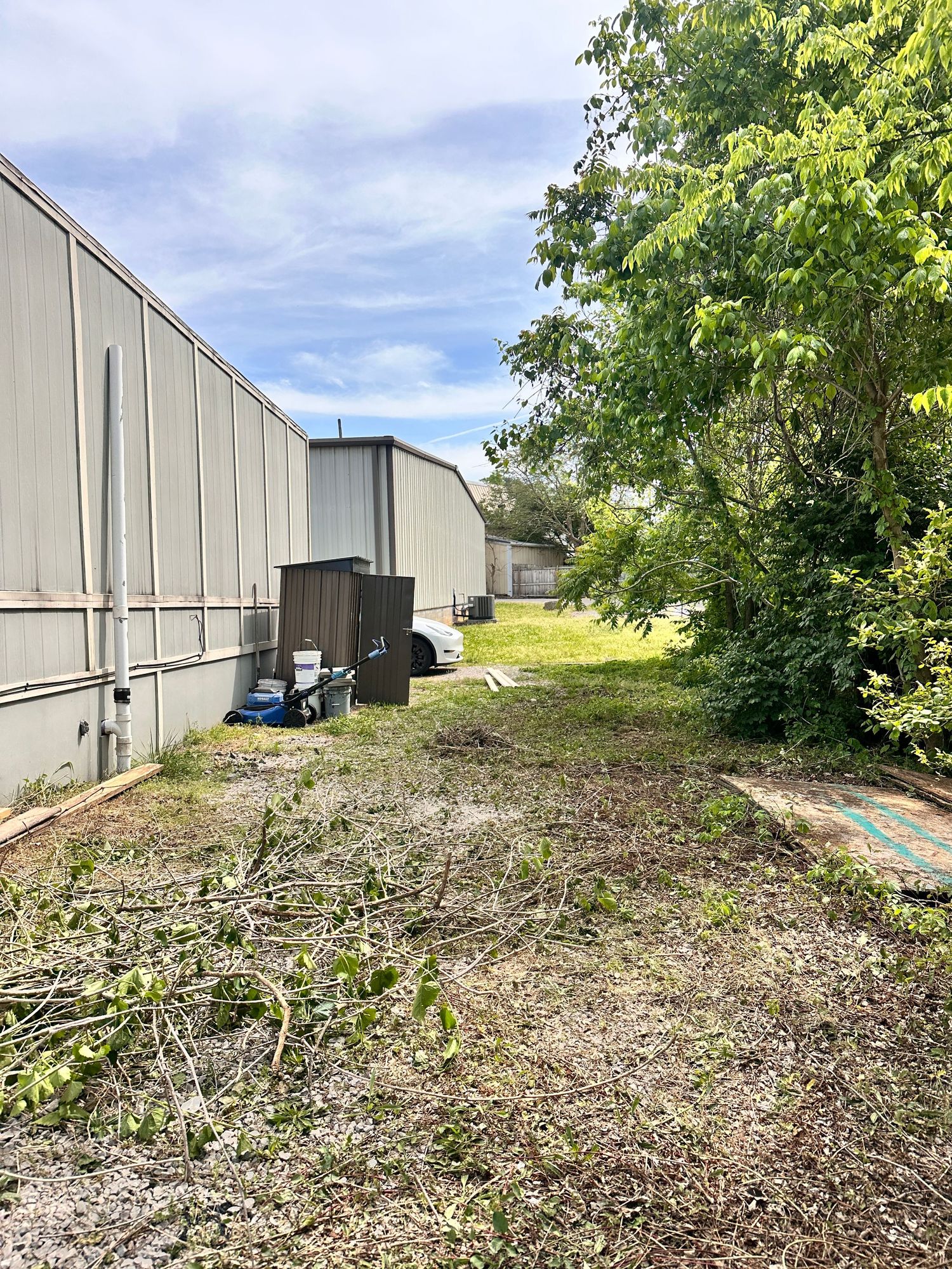 Overgrown vacant lot beside a metal warehouse building with scattered debris and lush trees under a cloudy sky.