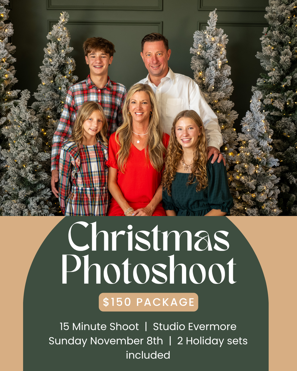 Family of five posing for a Christmas photoshoot package at Studio Evermore with holiday trees for $150.