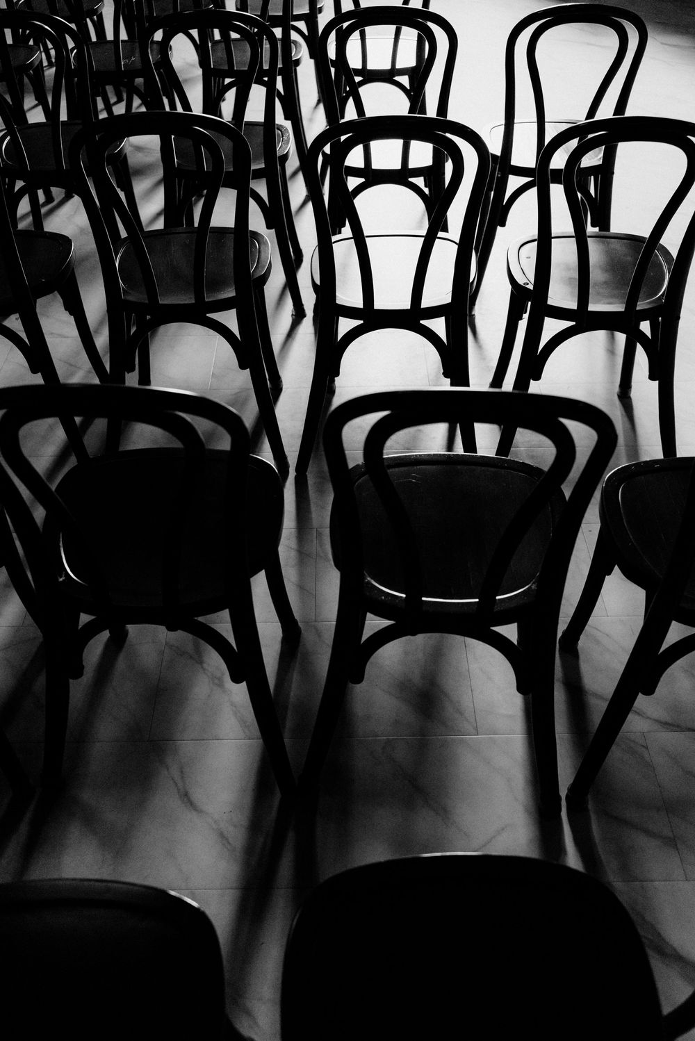 Rows of classic black bentwood chairs arranged in a room, captured in dramatic black and white photography.
