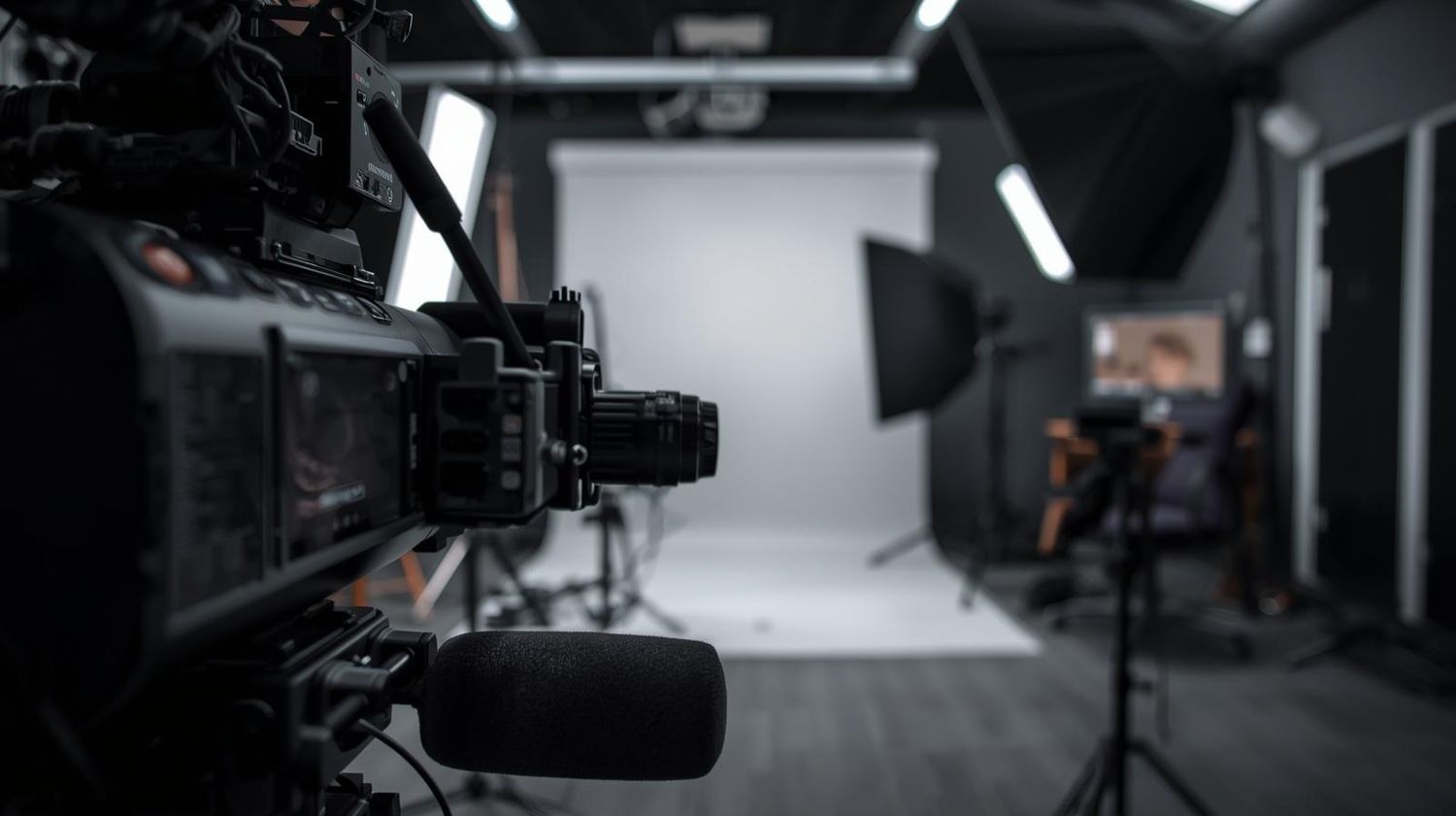 Professional video camera in foreground of a photography studio with softbox lighting and white backdrop.