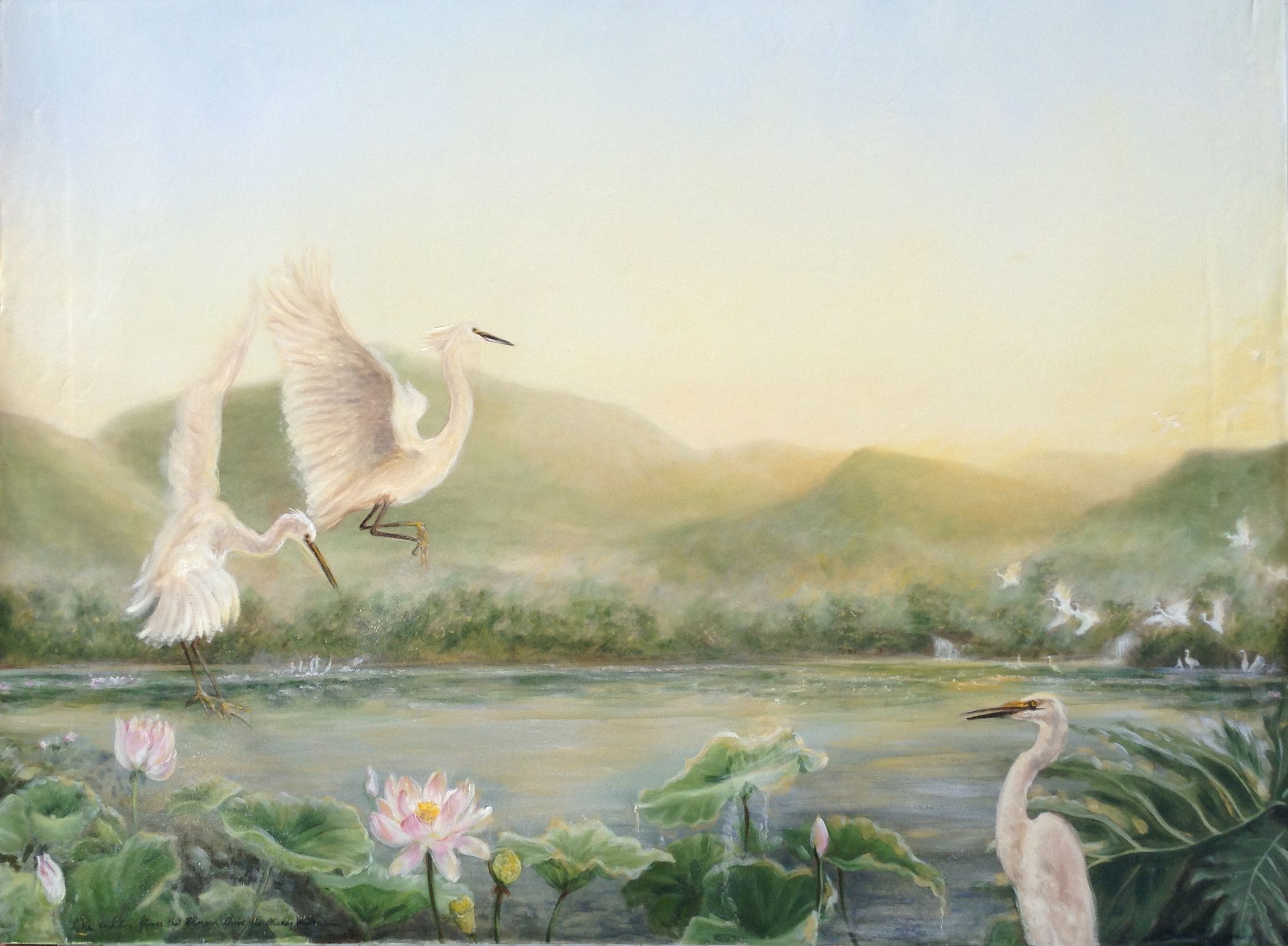 Oil painting of white egrets flying and standing near a tranquil lotus pond with misty green mountains in the background.