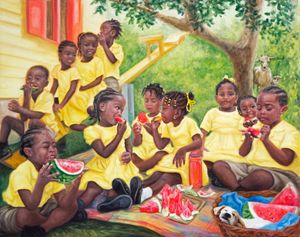 Children in yellow shirts enjoy watermelon at an outdoor picnic in a vibrant painting.